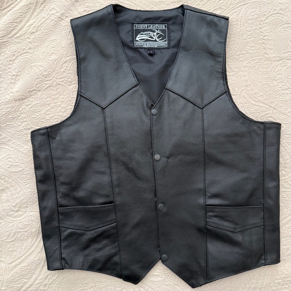 Men's Black Leather Vest with Pockets - Large